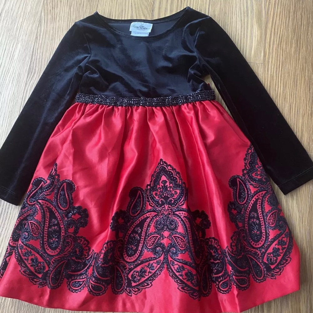 Rare Editions Christmas Holiday Red Black Velvet Satin Bow Party Dress Size 5